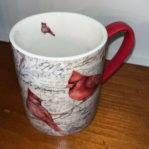 Red Handle Beautiful Bird Two (2) Cardinal Coffee Mug Cup Winter White 14 Oz